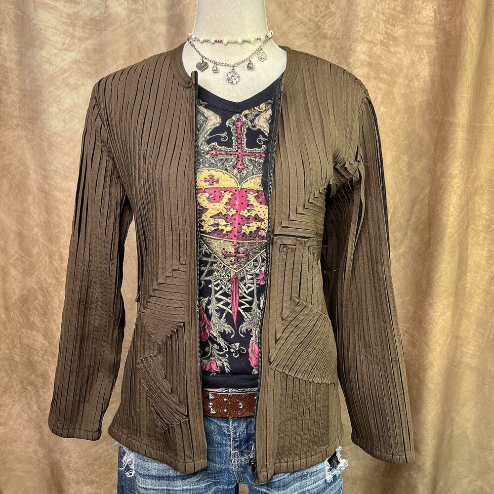 Textured Zip Up Jacket Brown Long Sleeve Geometric Striped Vintage 90s Grunge